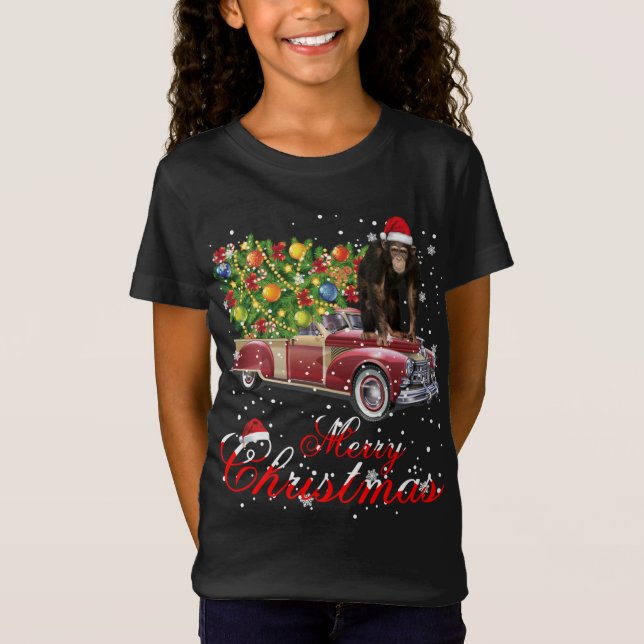 Monkey Rides Red Truck Christmas Pajama T-Shirt (Front)