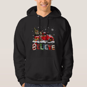 Monkey Riding Red Truck Christmas Tree Believe San Hoodie
