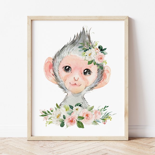 Monkey, Safari, Jungle, Pink Flowers, Girl Nursery Poster (Creator Uploaded)