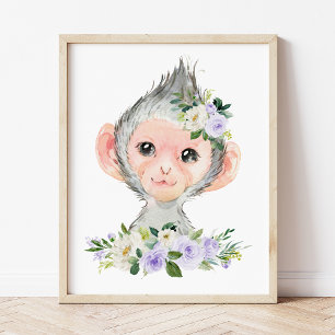 Monkey, Safari, Purple Flowers, Gender Neutral Poster
