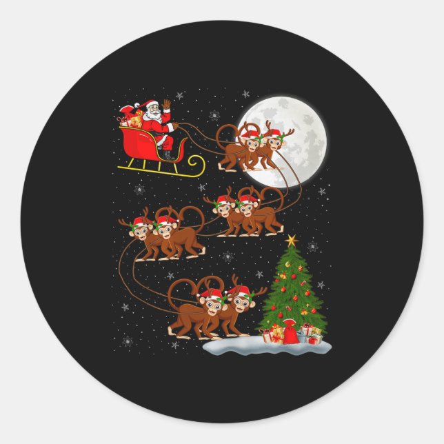 Monkey Santa Sleigh Flying Funny Magical Christmas Classic Round Sticker (Front)