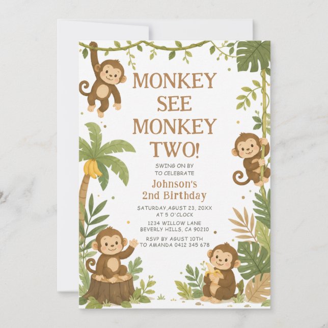 Monkey See Monkey Two Jungle 2nd Birthday  Invitation (Front)