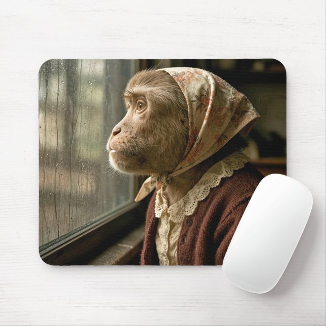 Monkey Staring Out at the Rain Mouse Pad (With Mouse)
