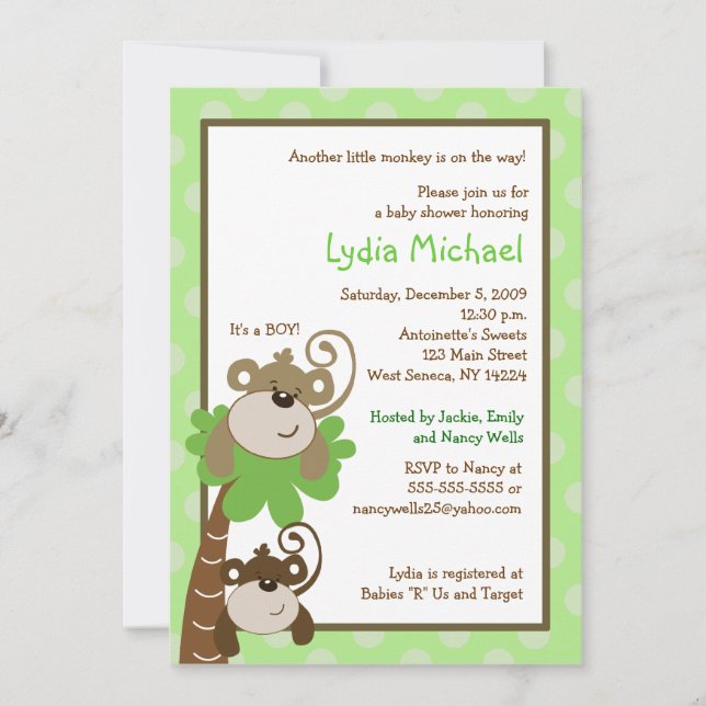 Monkey Time 5x7 Palm Tree Jungle Baby Shower Invitation (Front)