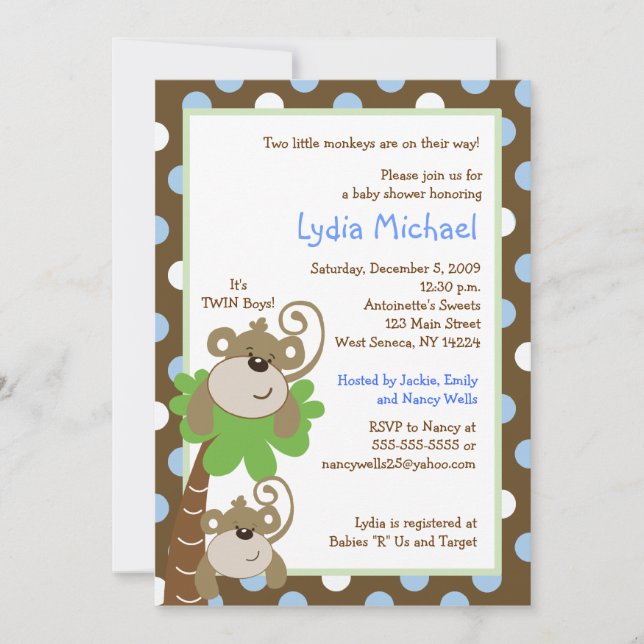 Monkey Time 5x7 TWINS Jungle Baby Shower Invitation (Front)