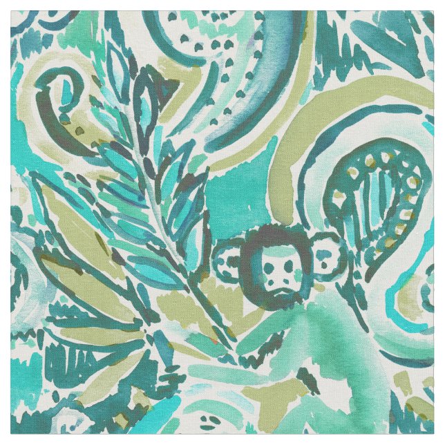 Monkey Trickster Paisley Jade Watercolor Pattern Fabric (Close Up)
