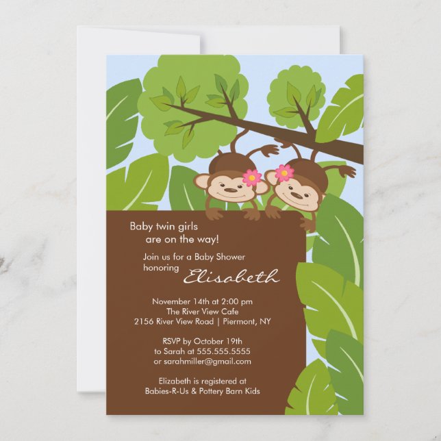 Monkey Twins Baby Shower Invitation Girls (Front)
