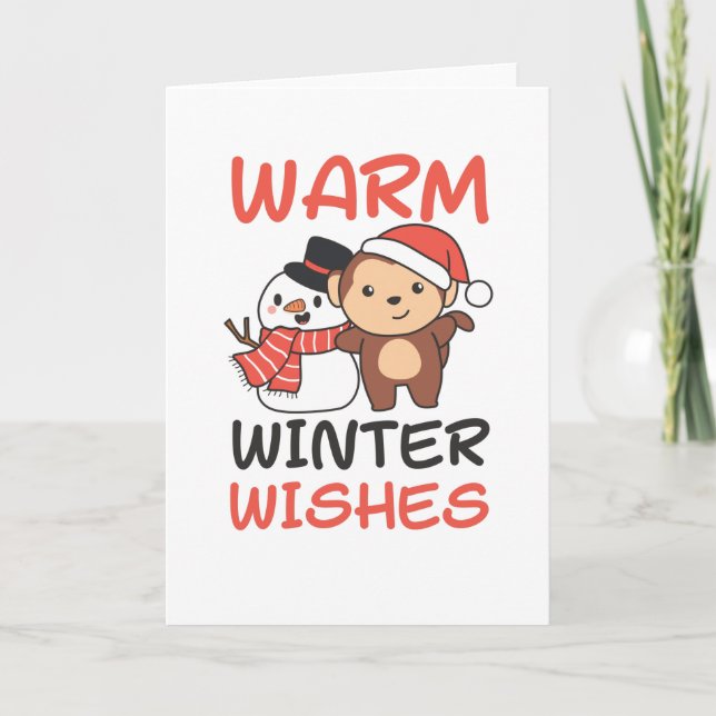 Monkey Warm Winter Wishes Snowman Holiday Card (Front)