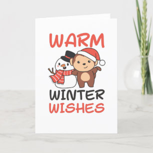 Monkey Warm Winter Wishes Snowman Holiday Card