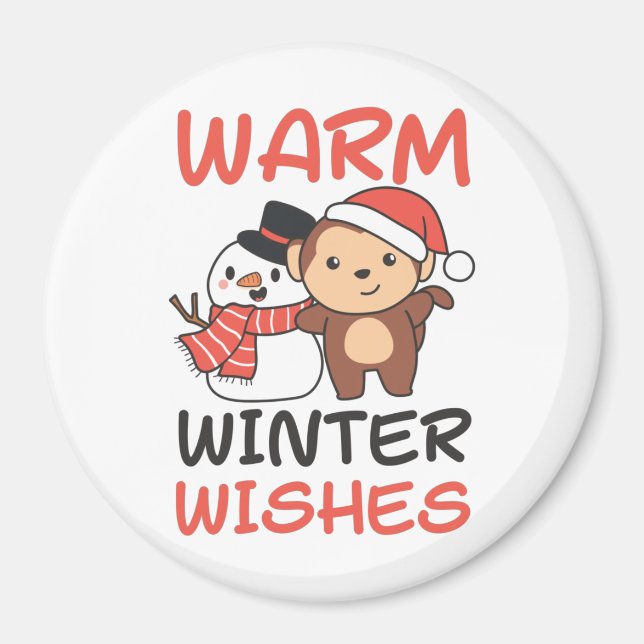 Monkey Warm Winter Wishes Snowman Magnet (Front)