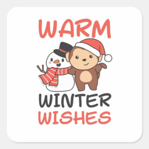 Monkey Warm Winter Wishes Snowman Square Sticker