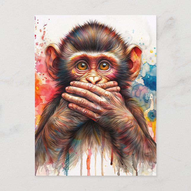 Monkey Watercolor Speak No Evil Art Postcard (Front)