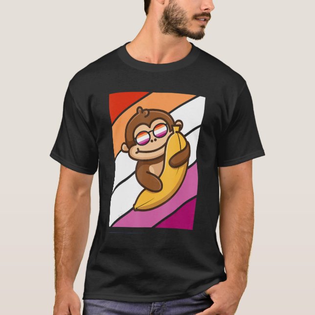 Monkey With Banana Pride Lesbian Flag Lgbtq Proud  T-Shirt (Front)