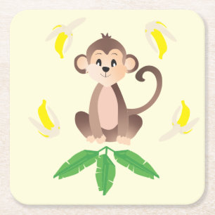 Monkey With Bananas Yellow Jungle Square Paper Coaster