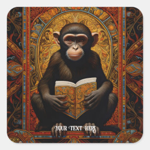 Monkey with book square sticker