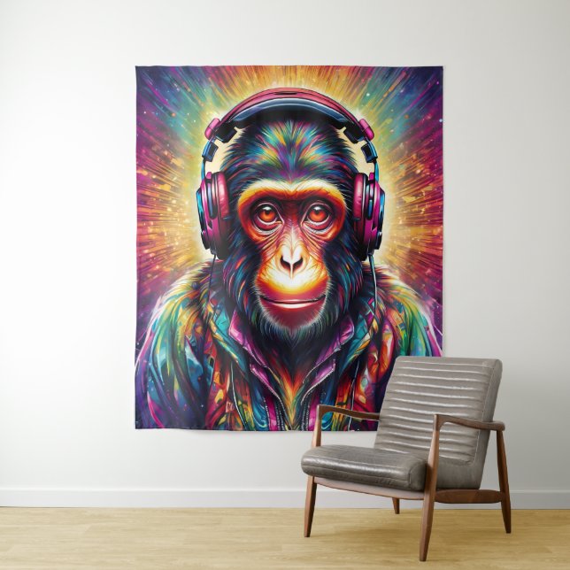 Monkey with headphones tapestry (In Situ)