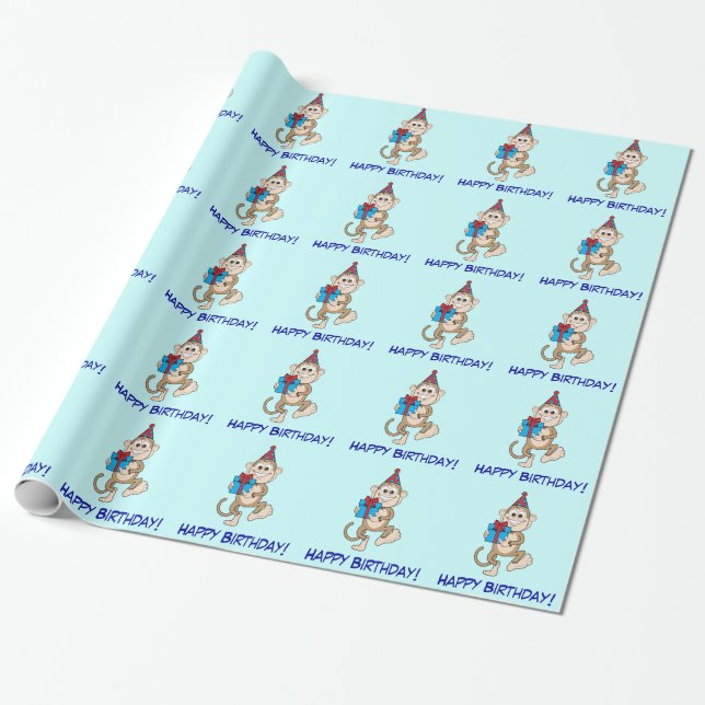 Monkey with Present Happy Birthday! Wrapping Paper (Unrolled)
