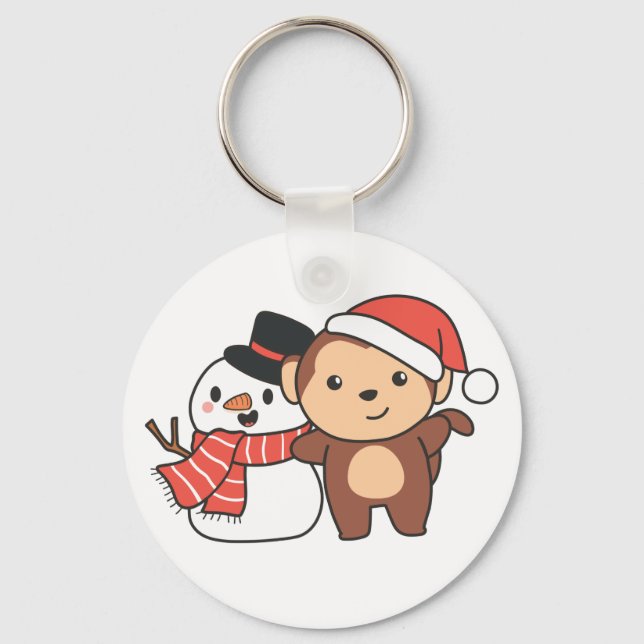 Monkey With Snowman In Winter For Christmas Keycha Key Ring (Front)