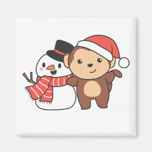 Monkey With Snowman In Winter For Christmas Magnet