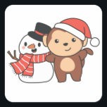 Monkey With Snowman In Winter For Christmas Square Sticker<br><div class="desc">Monkey with a snowman in winter for Christmas - a snowman for winter and Christmas. A winter greeting in the cold season for the holidays. Christmas monkey with snowman.</div>