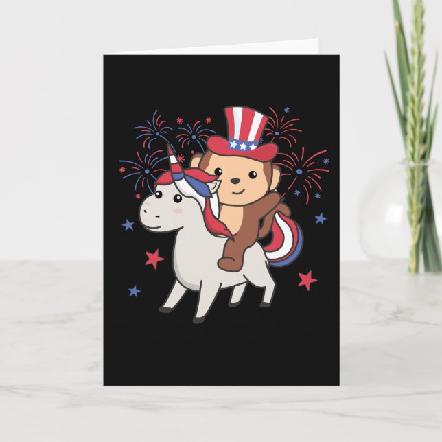 Monkey With Unicorn For Fourth Of July Fireworks Card (Front)