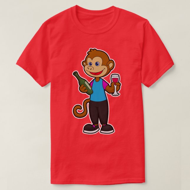 Monkey with Wine glass Wine bottle T-Shirt (Design Front)