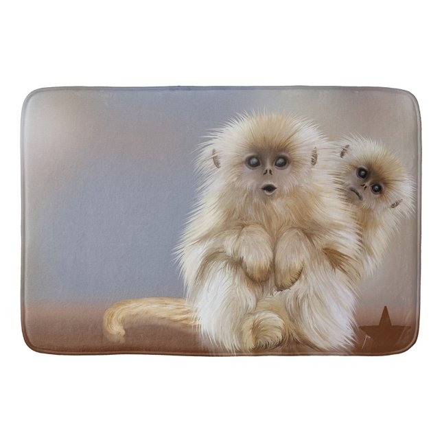 Monkeys Bath Mat (Illustration of two golden snub-nosed monkeys with fluffy white fur and dark eyes.)