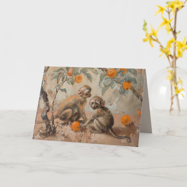 Monkeys - Folded Greeting Card (Yellow Flower)