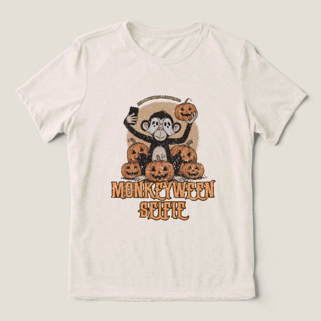 Monkeyween Selfie – Vintage Halloween  Tri-Blend Shirt (Design Front)