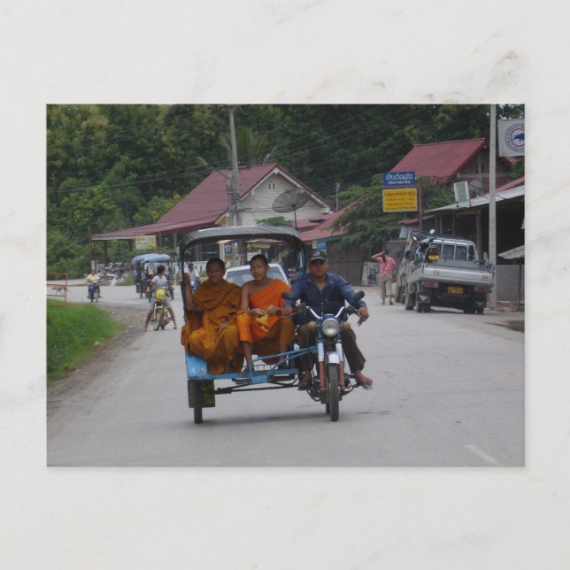 Monks on a tuk tuk postcard (Front)