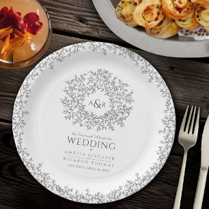 mono circle leaf drawing monogram wedding paper plate