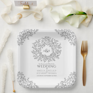 Mono circle leaf line art monogram wedding paper plate