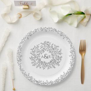 Mono grey white circle leaf art monogram wedding paper plate