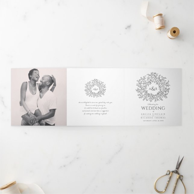  Mono monogram art story dedication wedding photo Tri-Fold Programme (Outside)