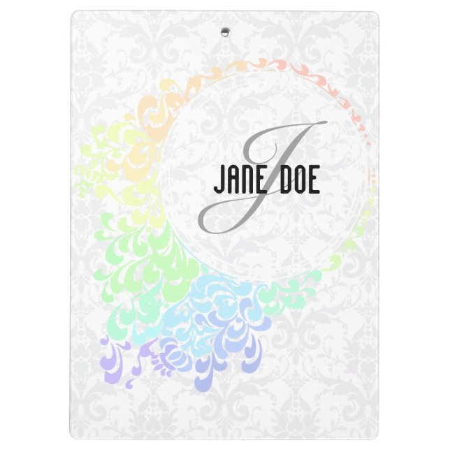 [MONO-RAIN-1] Pastel Rainbow Filigree Monogram Clipboard (Back)