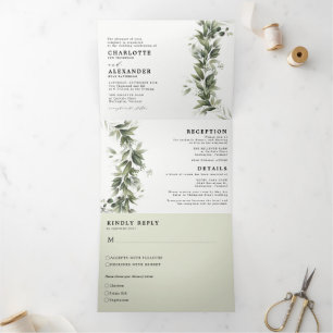 Monochromati Greenery All in one Wedding Tri-Fold Invitation