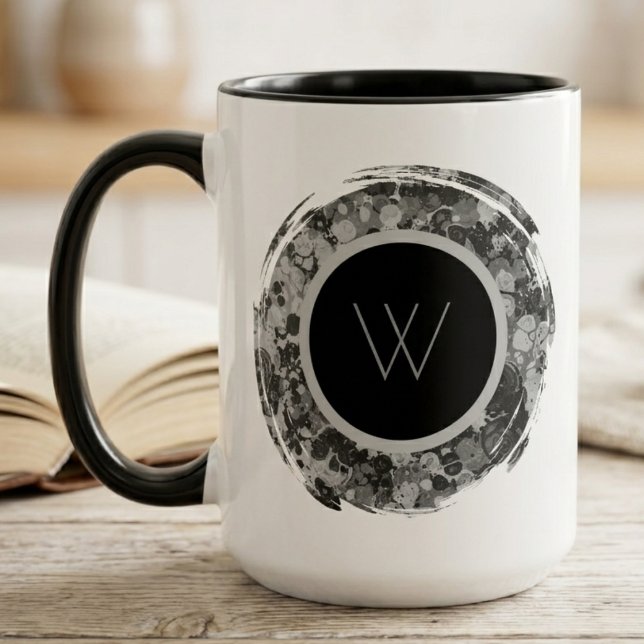Monochromatic Abstract Brushstroke Monogram Mug (Sophisticated brushstroke initial design, perfect for a sleek, modern office or home desk.)