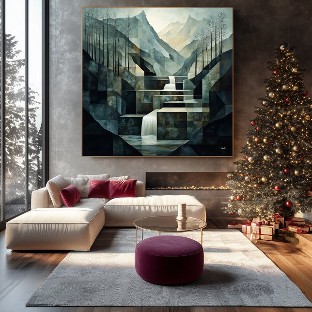 Monochromatic Abstract Mountain Waterfall Geometry Canvas Print (Creator Uploaded)