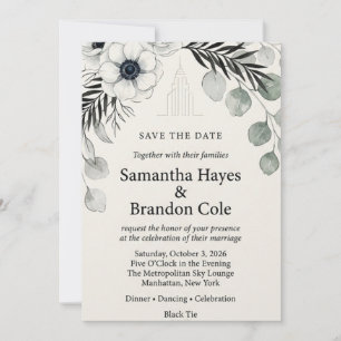 Monochromatic Anemone, Eucalyptus, Skyline Motif,  Invitation
