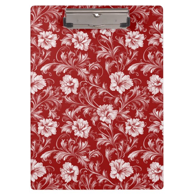 Monochromatic Baroque Floral Pattern, White on Red Clipboard (Front)