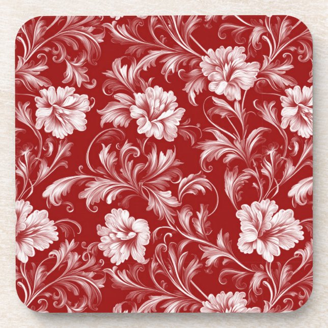 Monochromatic Baroque Floral Pattern, White on Red Coaster (Front)