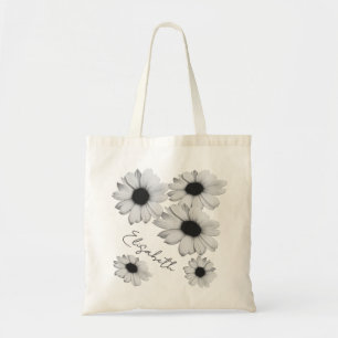 Monochromatic Black and White Daisies with Name Tote Bag