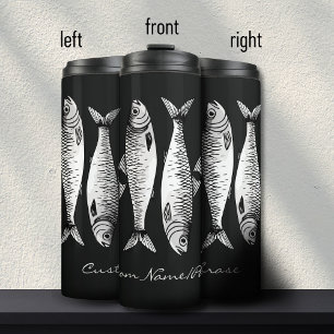 Monochromatic Black White Sardine Art Custom Name Thermal Tumbler