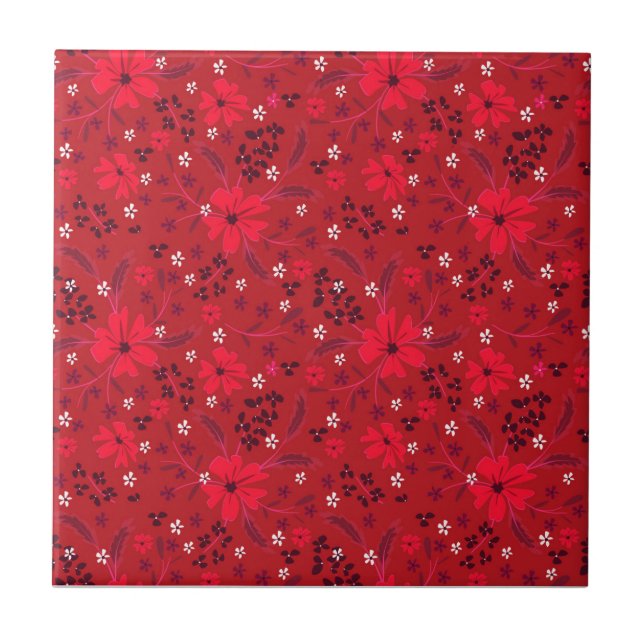 Monochromatic bright red retro floral pattern. tile (Front)