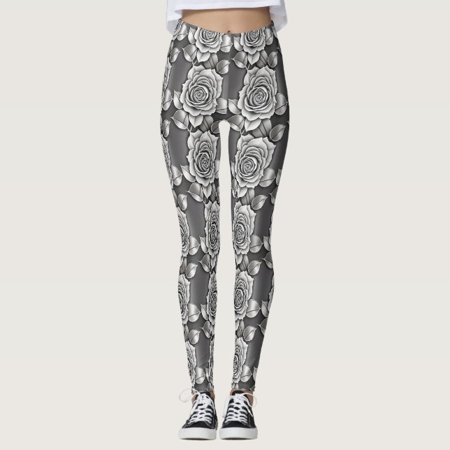Monochromatic Dark Gray Roses  Leggings (Front)