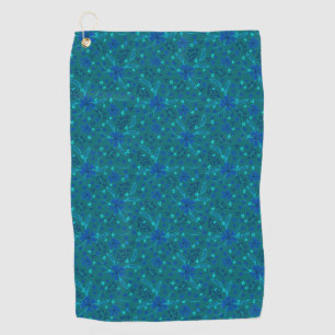Monochromatic dark turquoise blue retro floral  golf towel