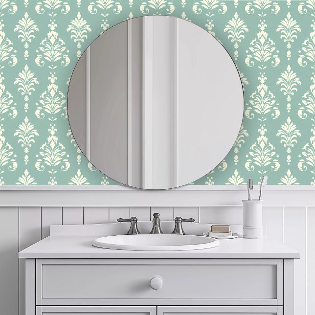 Monochromatic Elegant Teal Wallpaper (Monochromatic Elegant Teal Wallpaper in a white bathroom.)