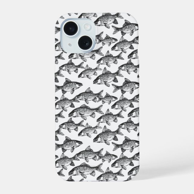 Monochromatic Fish Pattern iPhone 15 Case (Back)