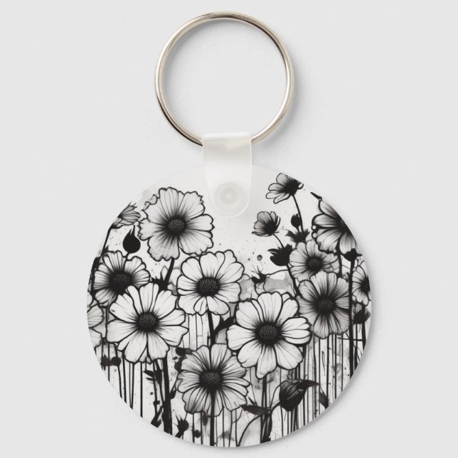Monochromatic Floral Ink Splatter Key Ring (Front)