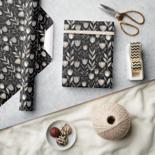 Monochromatic Floral Pattern on Black Background Wrapping Paper